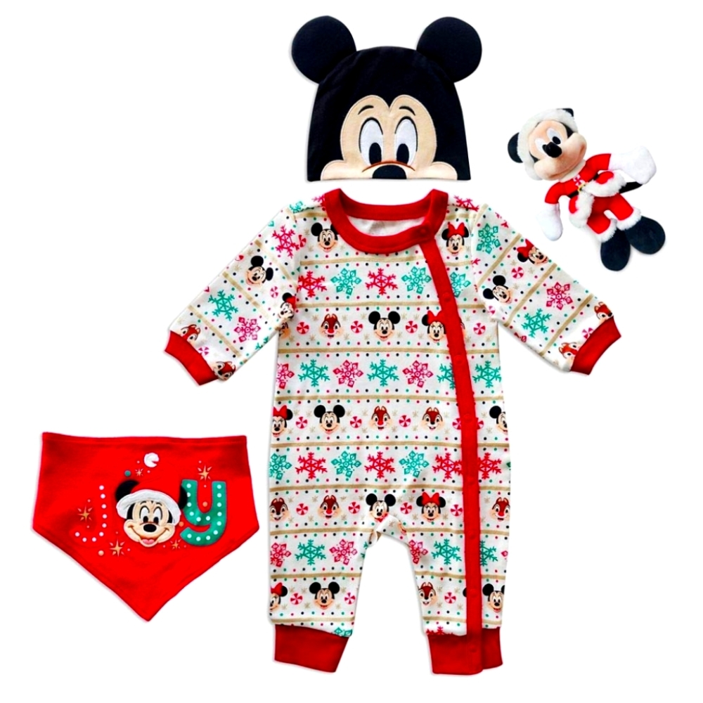 Disney Santa Mickey First Christmas Romper Hat Bib Set Baby Size 0-3 Months